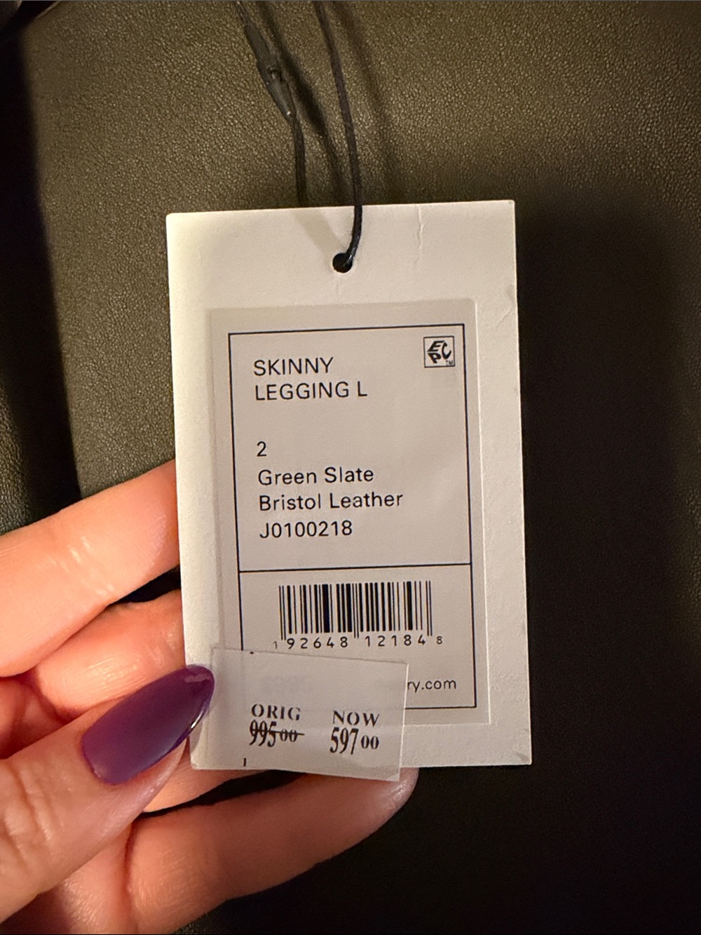 Theory Green Slate Leather Skinny Pants- 2 NWT - Picture 4 of 9